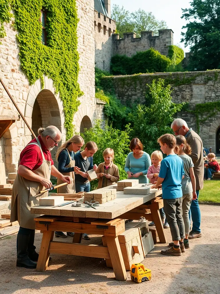 A workshop session where participants are learning traditional building techniques used in the construction of the Château de la Hunaudaye, emphasizing skill-sharing and heritage preservation.