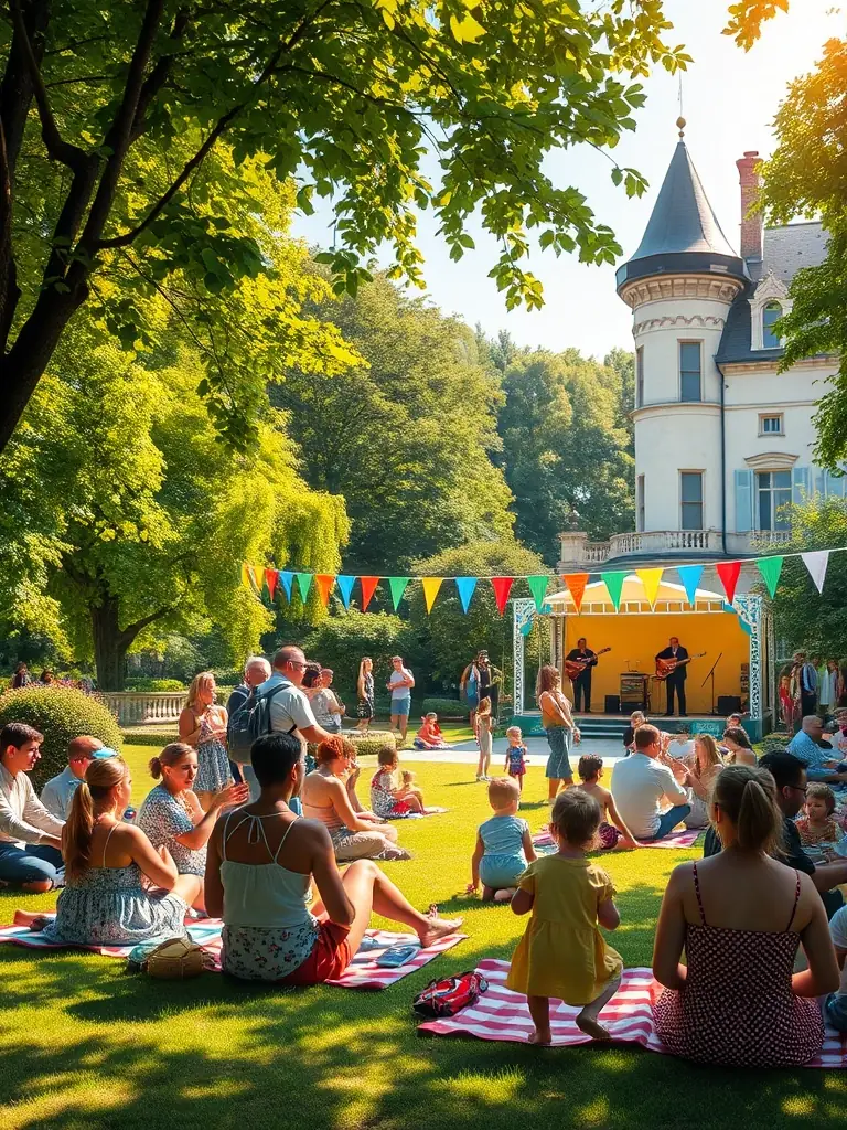 A local community event taking place on the grounds of the Château de la Hunaudaye, with families enjoying music, food, and activities.