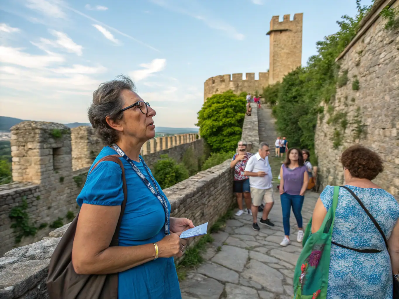 A photograph of a costumed interpreter leading a tour group through the Château de la Hunaudaye, bringing history to life with vivid storytelling.
