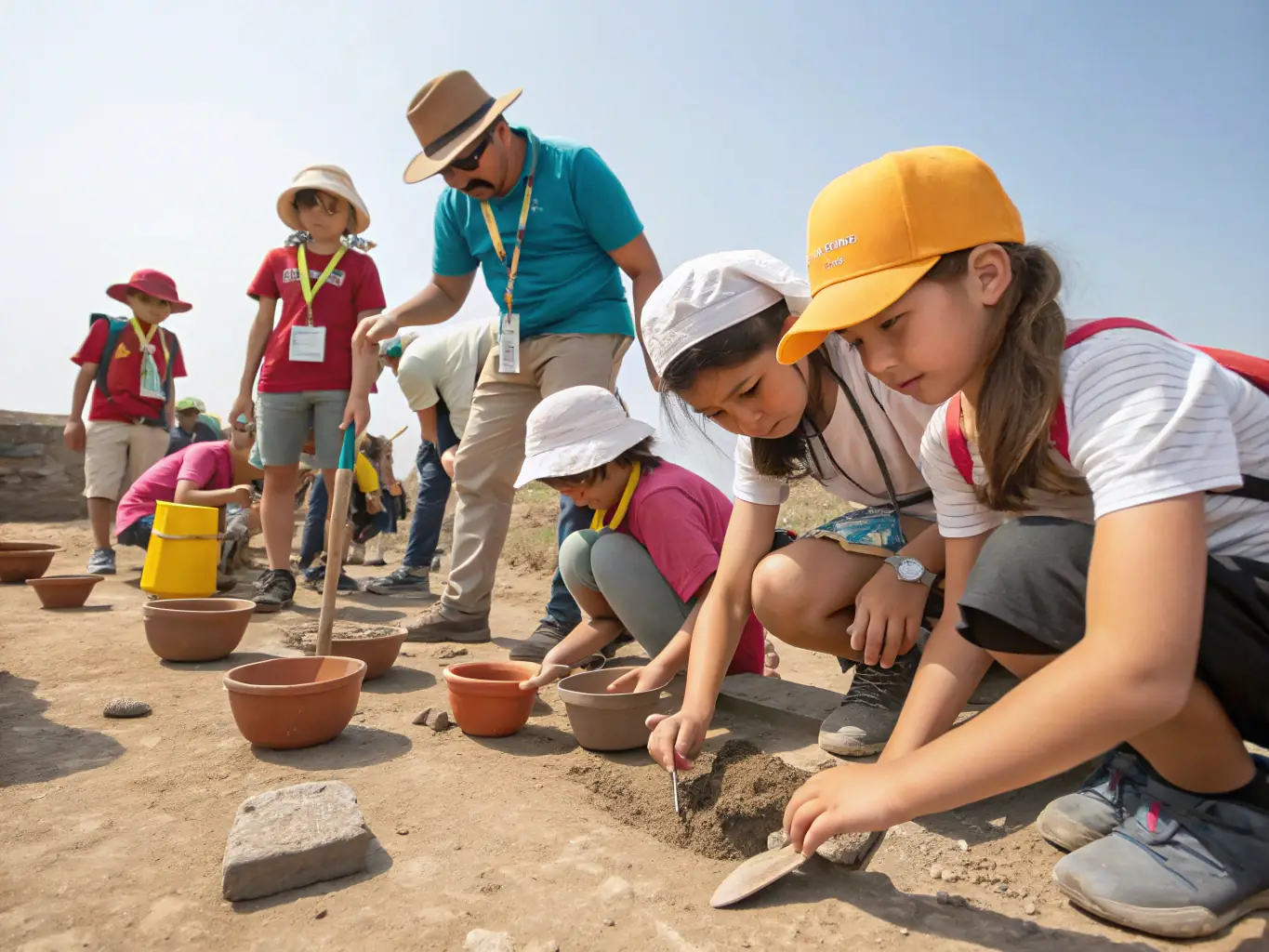 A group of students participating in an archeological dig activity at the base of the Château de la Hunaudaye, supervised by an instructor, showcasing hands-on learning.