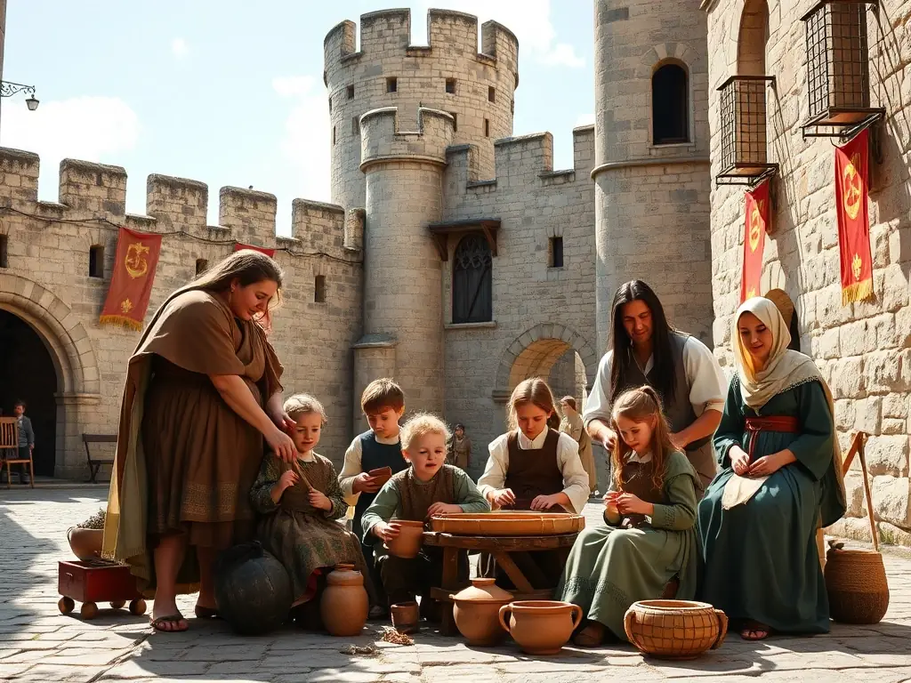 A classroom setting inside the Château, with children engaged in a workshop learning about medieval crafts and building techniques.
