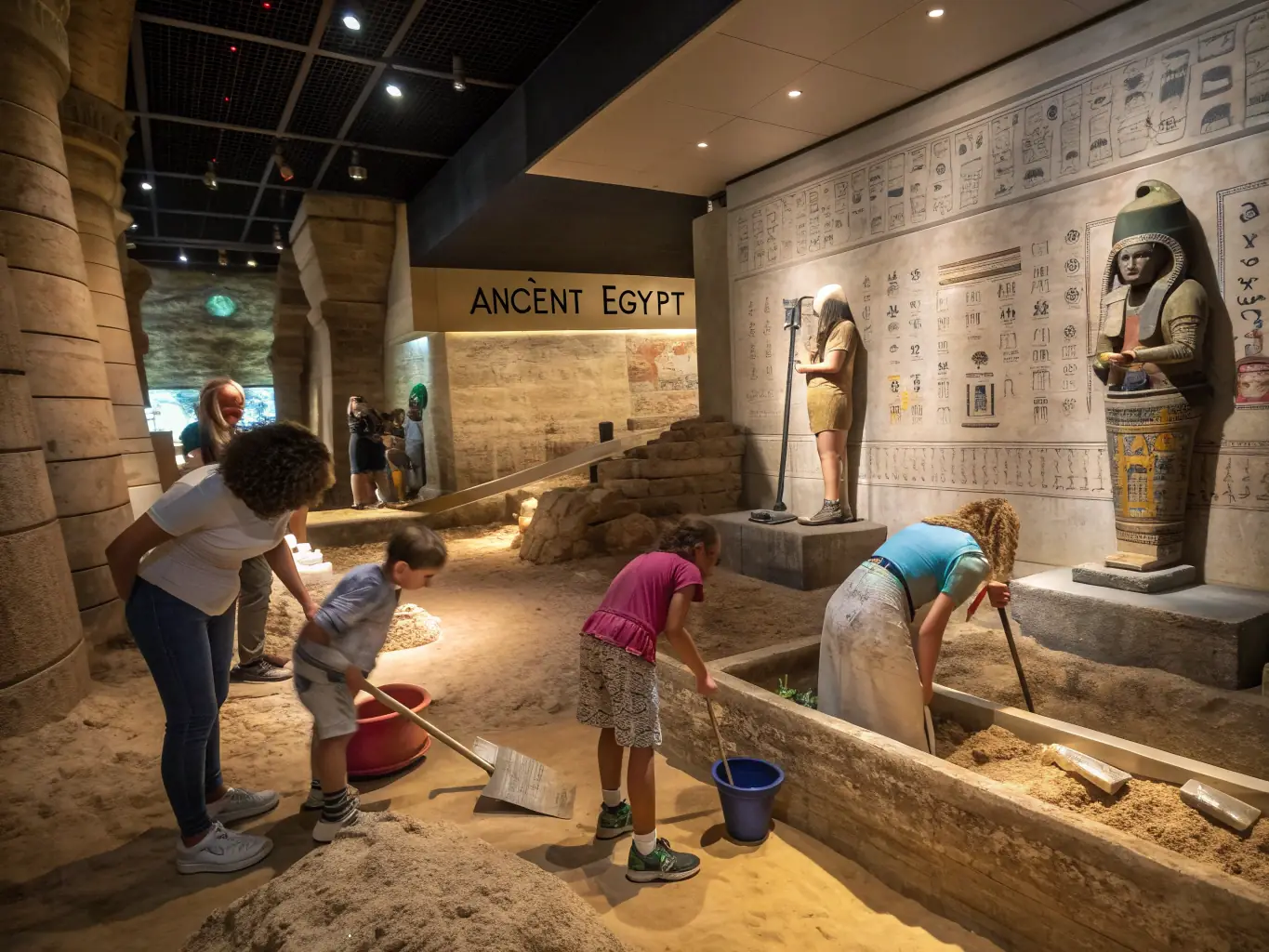 A group of children participating in an archeological dig activity at the Château de la Hunaudaye, supervised by an instructor, showcasing hands-on learning and engagement with history.