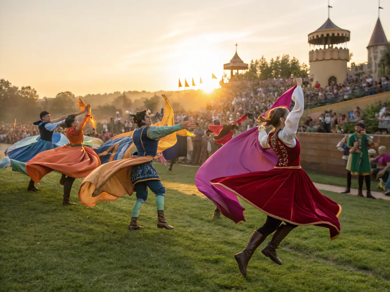 A vibrant scene from a medieval festival held at the Château de la Hunaudaye, featuring costumed performers, craft stalls, and enthusiastic visitors, capturing the lively atmosphere of community events.